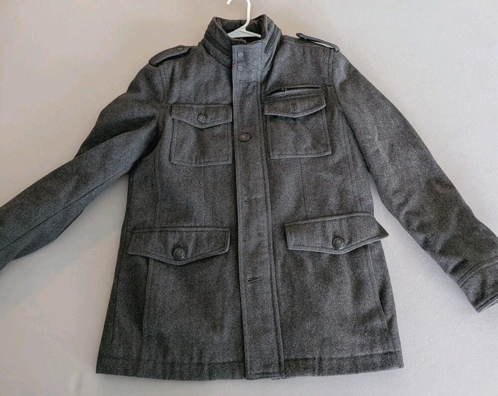 $GUESS Wool Blend Military Field Jacket Gray Quilted Lined Coat Size S